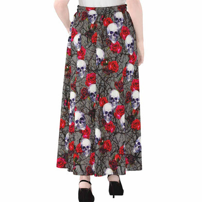 Rose Branch Skull Pattern Print Chiffon Maxi Skirt