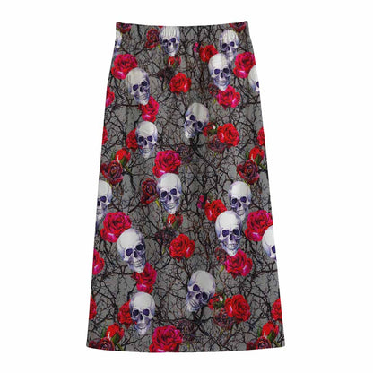 Rose Branch Skull Pattern Print Cotton Front Slit Maxi Skirt
