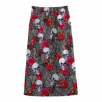 Rose Branch Skull Pattern Print Cotton Front Slit Maxi Skirt