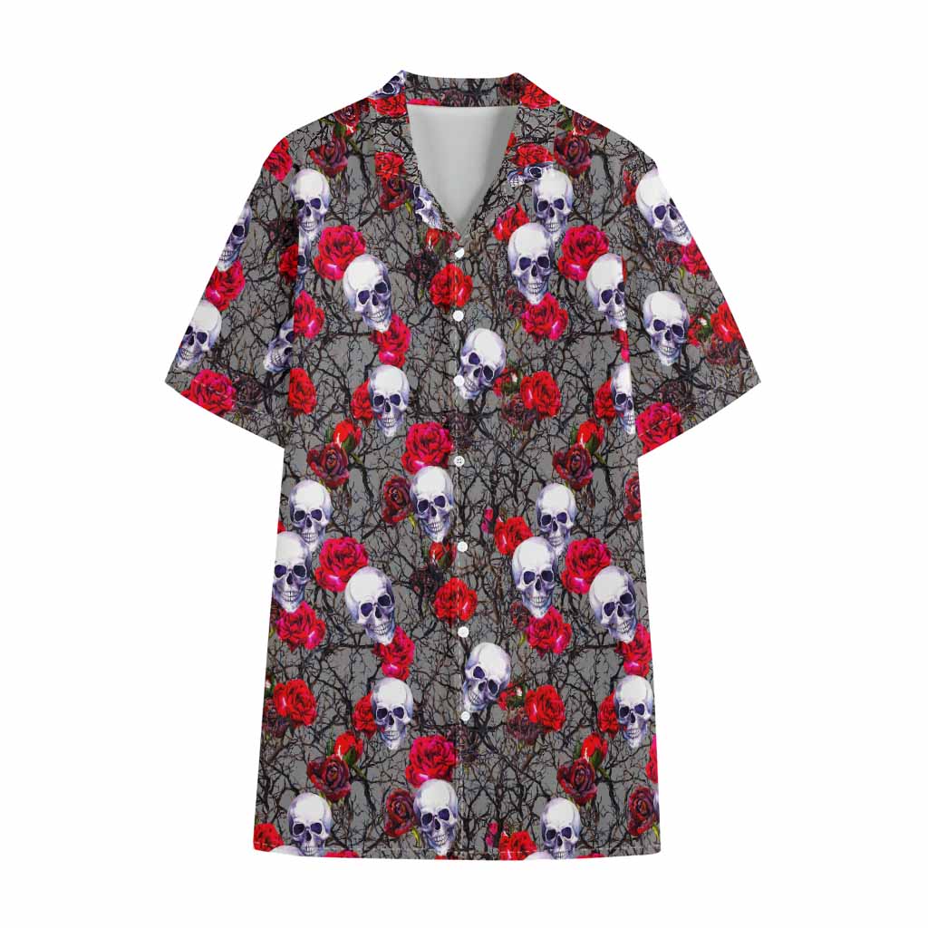 Rose Branch Skull Pattern Print Cotton Hawaiian Shirt