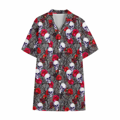Rose Branch Skull Pattern Print Cotton Hawaiian Shirt