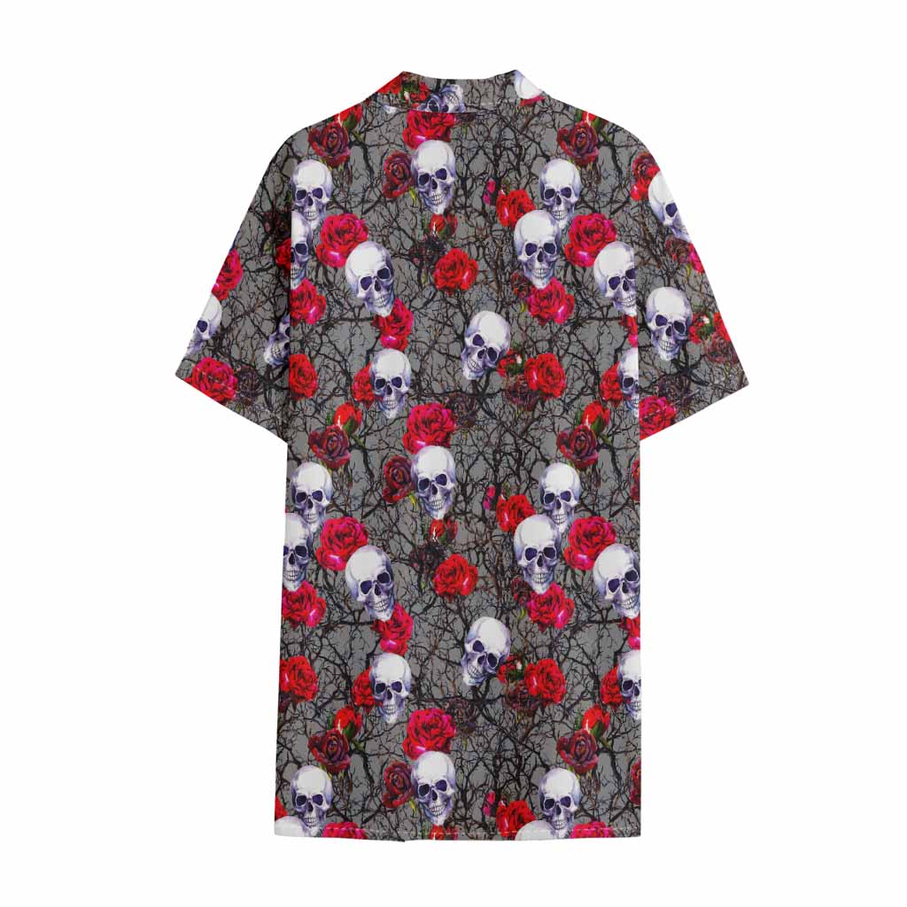 Rose Branch Skull Pattern Print Cotton Hawaiian Shirt