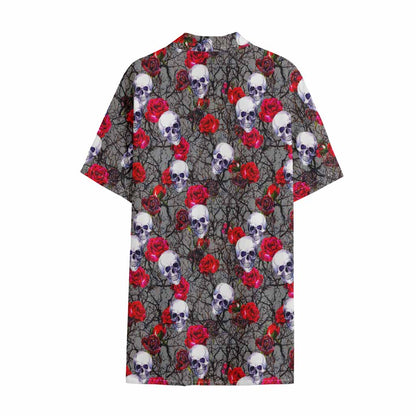 Rose Branch Skull Pattern Print Cotton Hawaiian Shirt