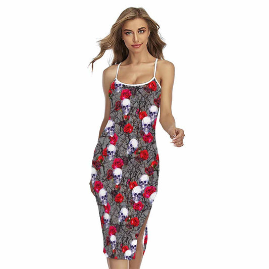 Rose Branch Skull Pattern Print Cross Back Cami Dress