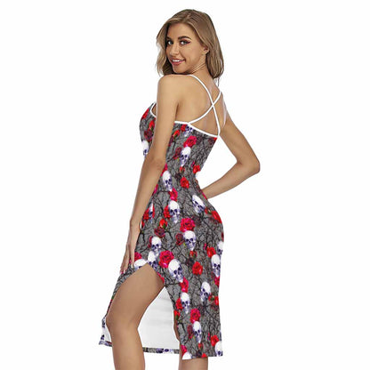 Rose Branch Skull Pattern Print Cross Back Cami Dress