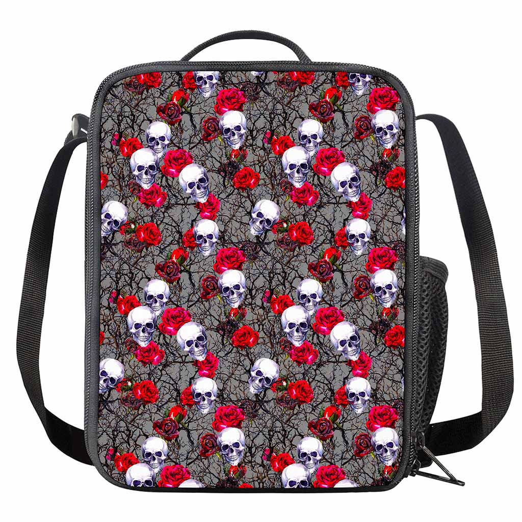 Rose Branch Skull Pattern Print Crossbody Lunch Bag