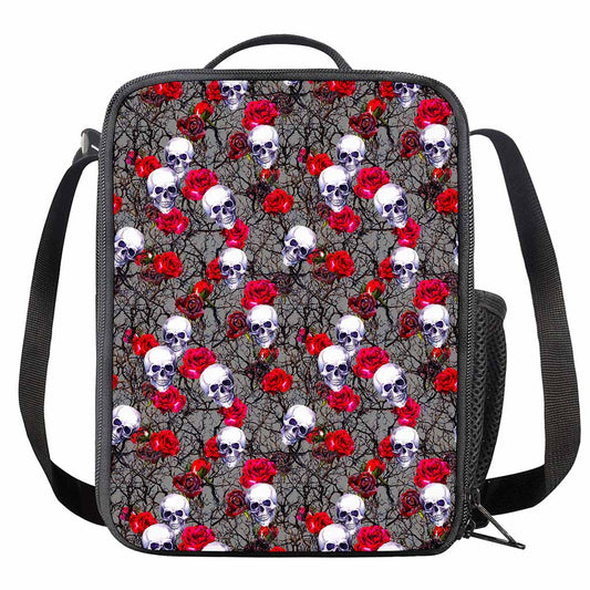Rose Branch Skull Pattern Print Crossbody Lunch Bag