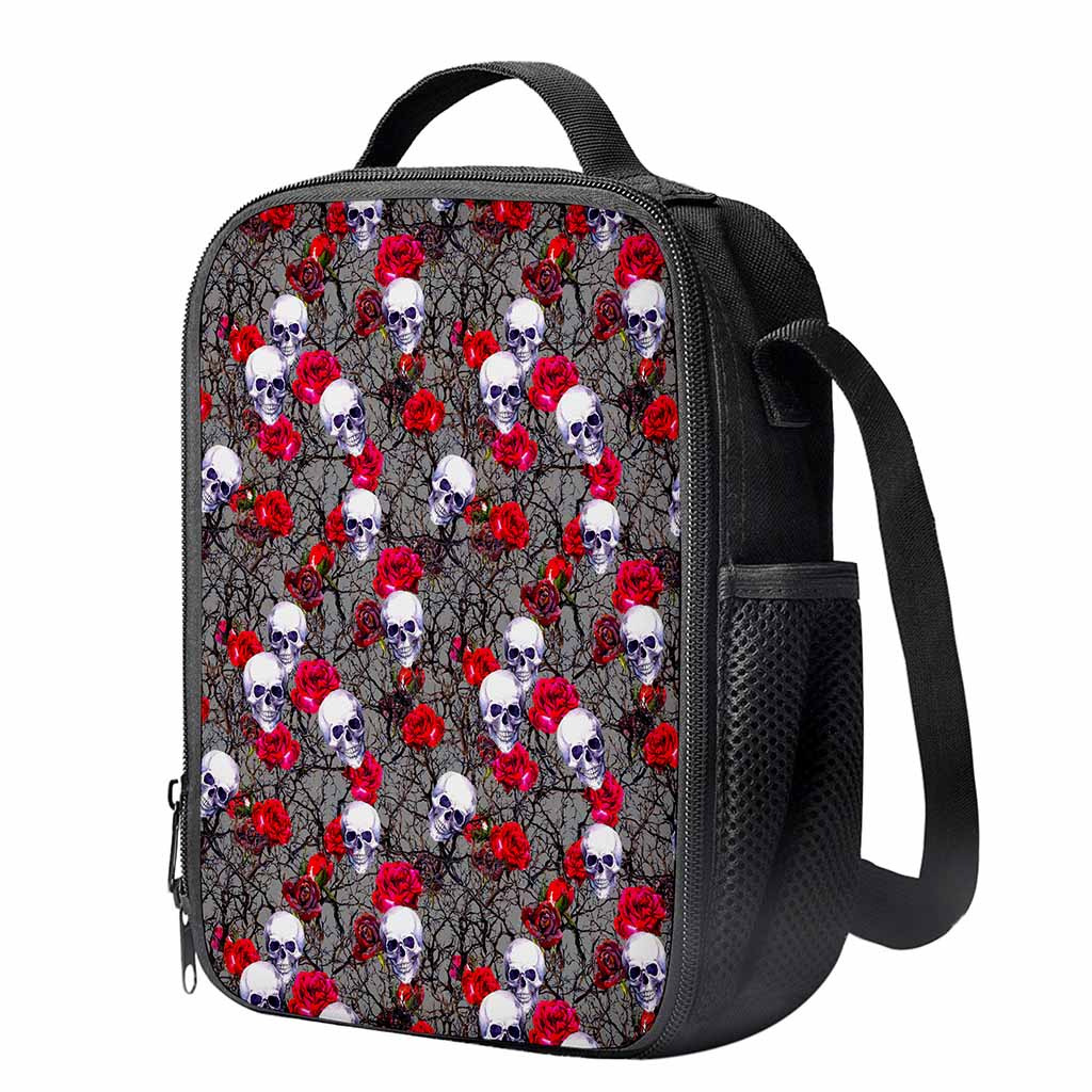 Rose Branch Skull Pattern Print Crossbody Lunch Bag