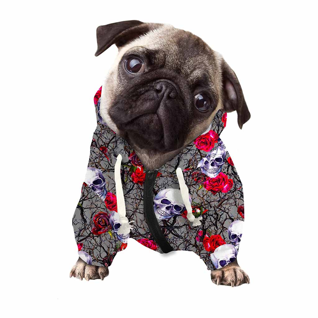 Rose Branch Skull Pattern Print Dog Zip Up Hoodie