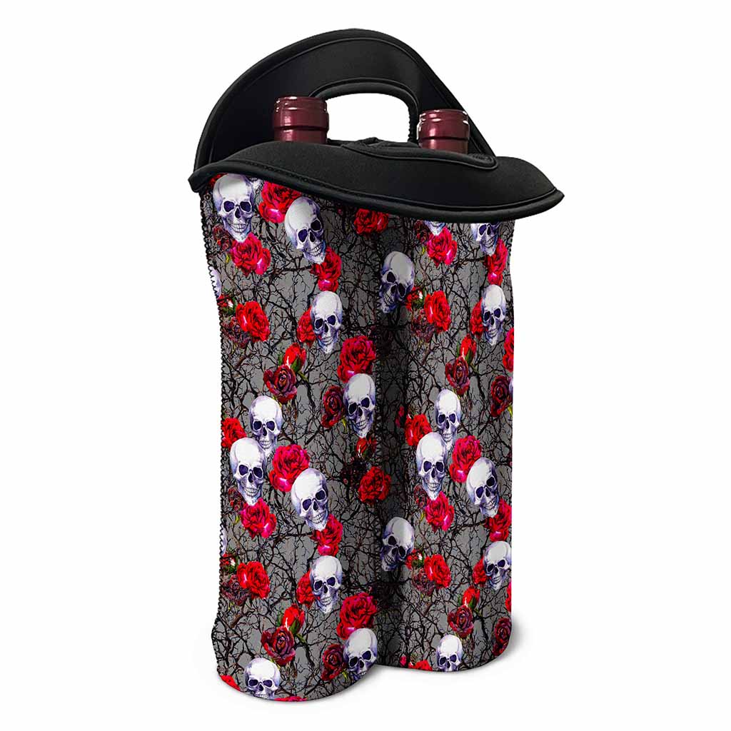 Rose Branch Skull Pattern Print Double Neoprene Wine Tote