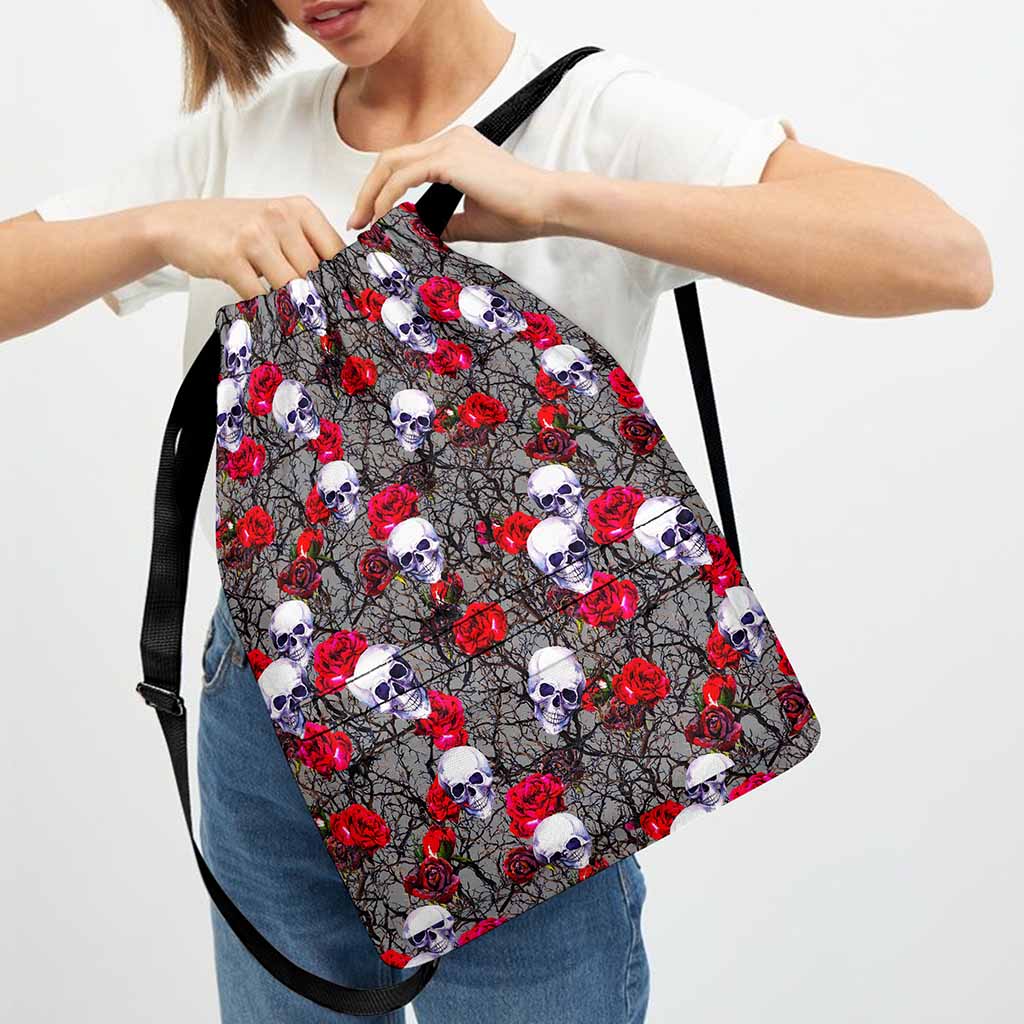 Rose Branch Skull Pattern Print Drawstring Backpack