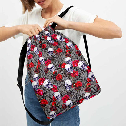 Rose Branch Skull Pattern Print Drawstring Backpack