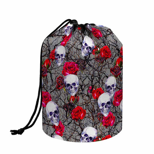 Rose Branch Skull Pattern Print Drawstring Makeup Bag