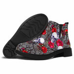 Rose Branch Skull Pattern Print Flat Ankle Boots