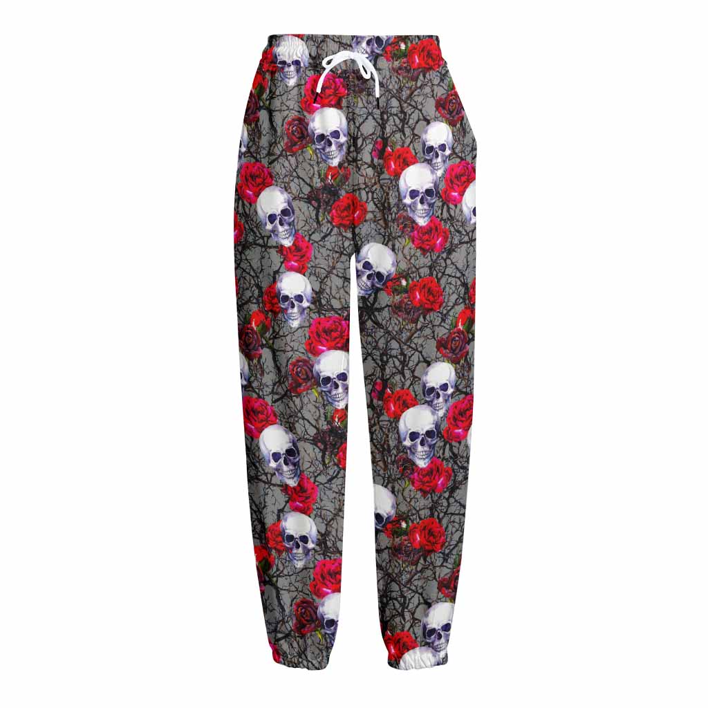 Rose Branch Skull Pattern Print Fleece Lined Knit Pants