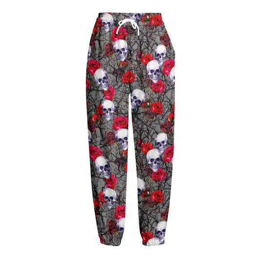Rose Branch Skull Pattern Print Fleece Lined Knit Pants