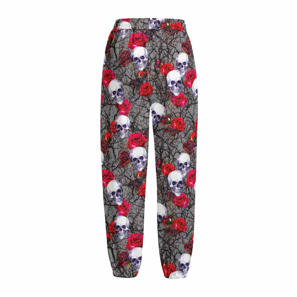 Rose Branch Skull Pattern Print Fleece Lined Knit Pants