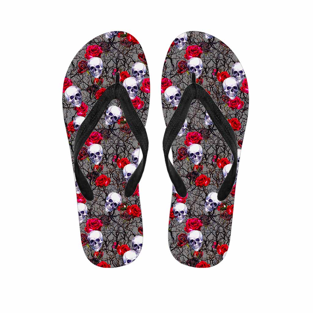 Rose Branch Skull Pattern Print Flip Flops