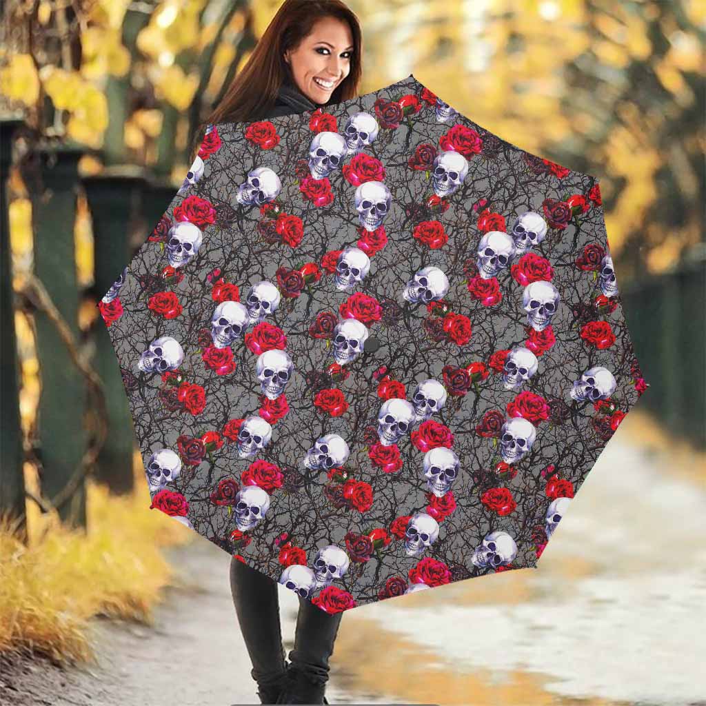 Rose Branch Skull Pattern Print Foldable Umbrella