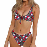 Rose Branch Skull Pattern Print Front Bow Tie Bikini