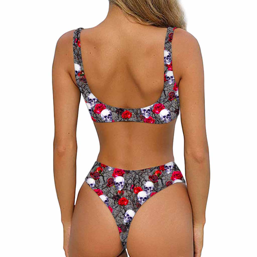 Rose Branch Skull Pattern Print Front Bow Tie Bikini