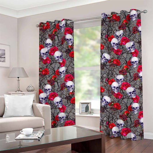 Rose Branch Skull Pattern Print Grommet Curtains