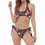 Rose Branch Skull Pattern Print Halter Scoop Tie Side Bikini
