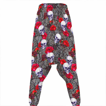Rose Branch Skull Pattern Print Hammer Pants