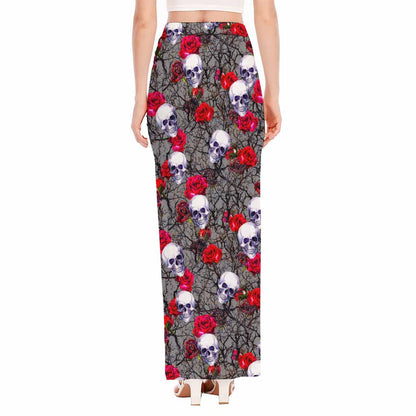 Rose Branch Skull Pattern Print High Slit Maxi Skirt