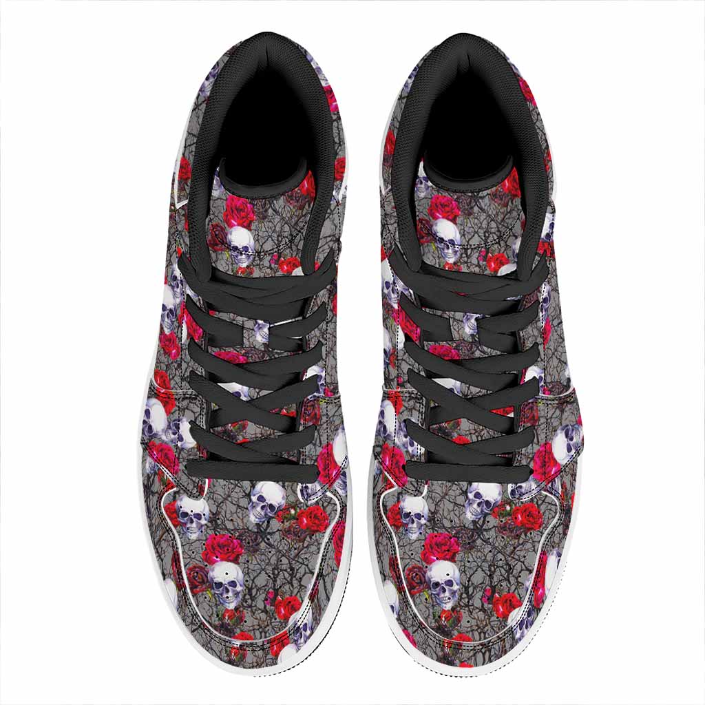 Rose Branch Skull Pattern Print High Top Leather Sneakers