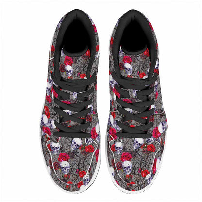 Rose Branch Skull Pattern Print High Top Leather Sneakers