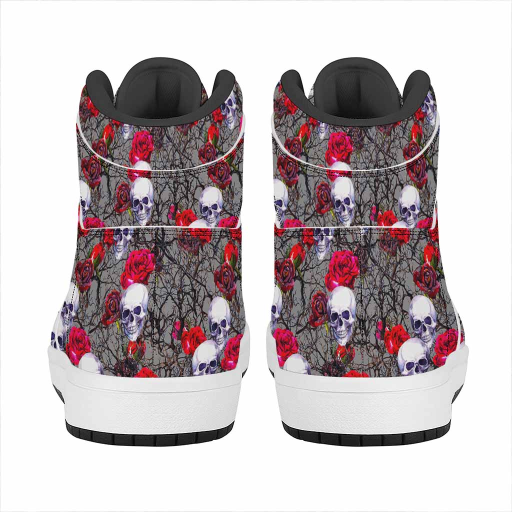 Rose Branch Skull Pattern Print High Top Leather Sneakers