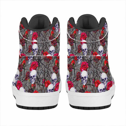 Rose Branch Skull Pattern Print High Top Leather Sneakers