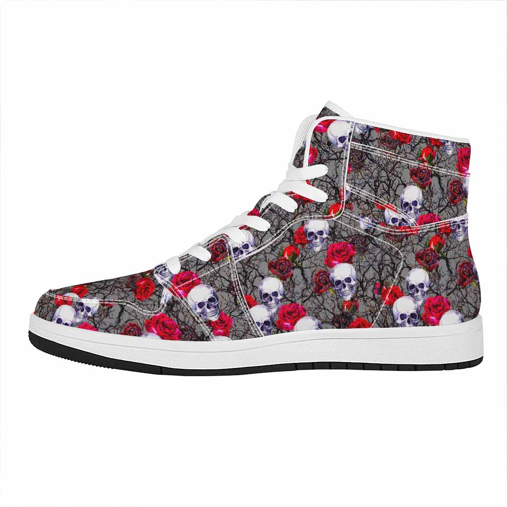 Rose Branch Skull Pattern Print High Top Leather Sneakers