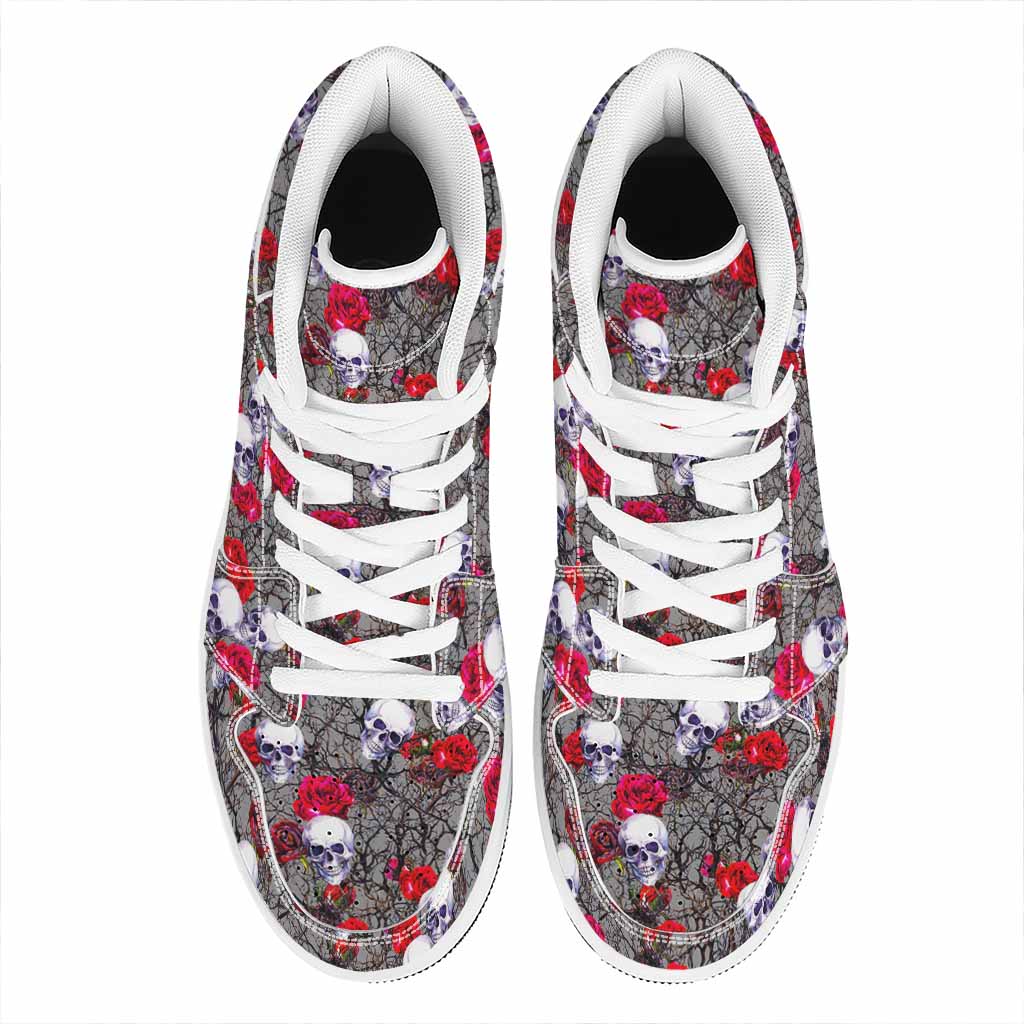 Rose Branch Skull Pattern Print High Top Leather Sneakers