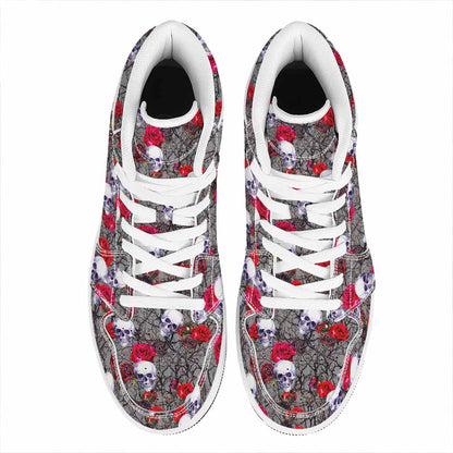 Rose Branch Skull Pattern Print High Top Leather Sneakers