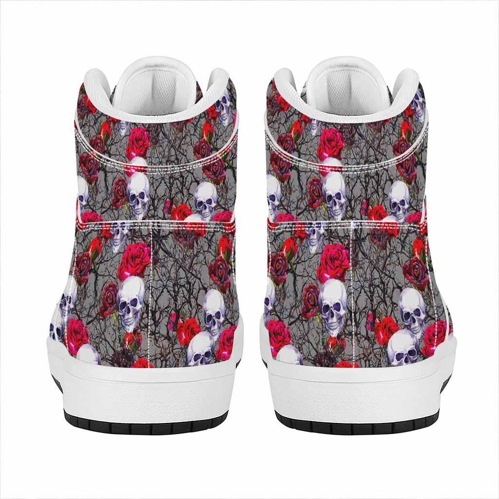 Rose Branch Skull Pattern Print High Top Leather Sneakers