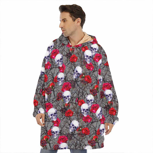 Rose Branch Skull Pattern Print Hoodie Blanket