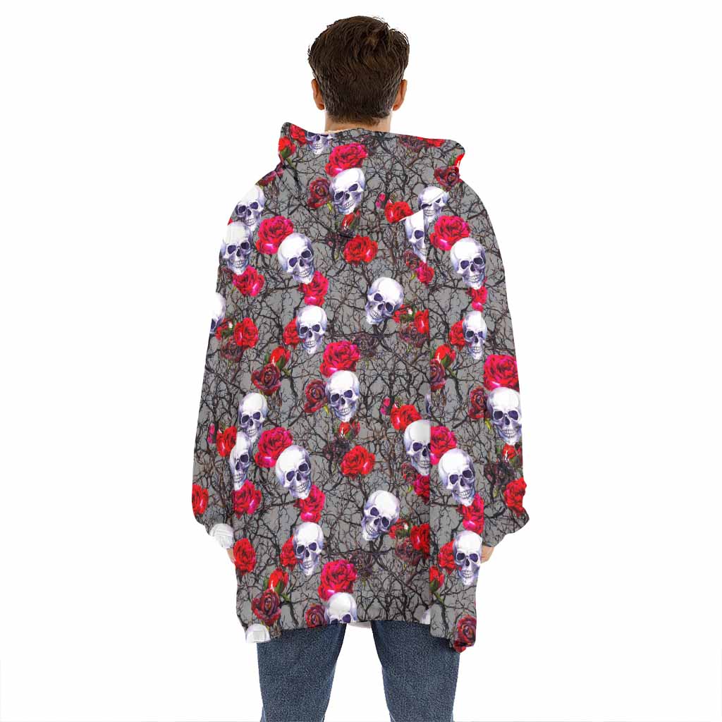 Rose Branch Skull Pattern Print Hoodie Blanket