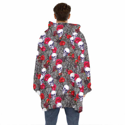 Rose Branch Skull Pattern Print Hoodie Blanket
