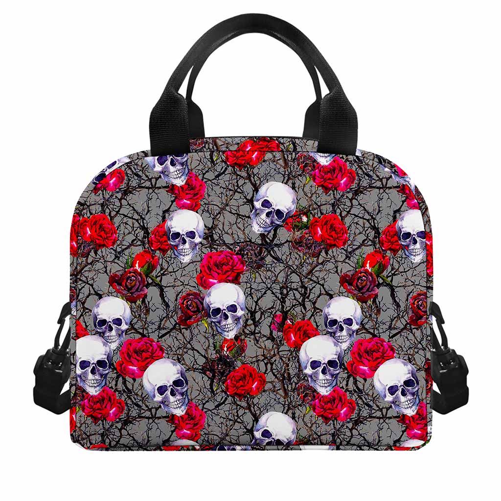 Rose Branch Skull Pattern Print Insulated Lunch Bag