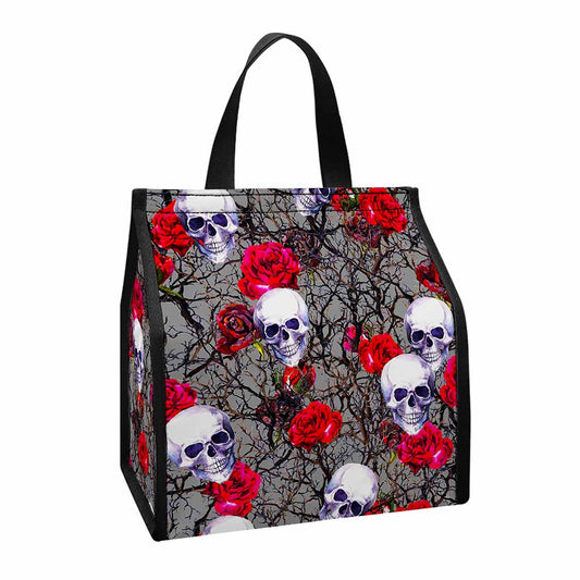 Rose Branch Skull Pattern Print Insulated Lunch Tote
