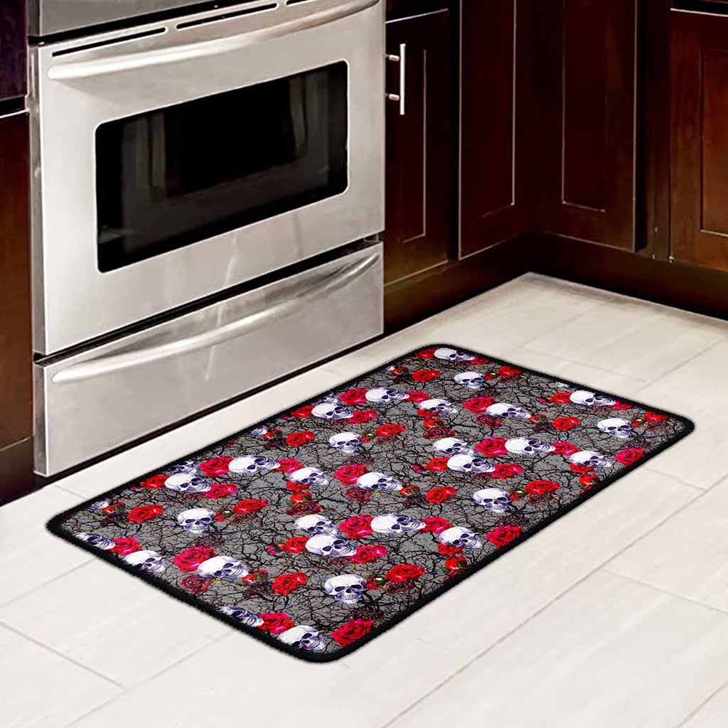 Rose Branch Skull Pattern Print Kitchen Mat