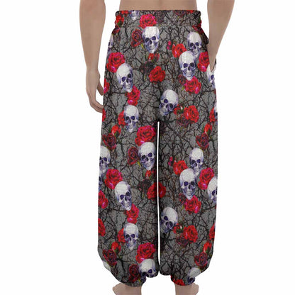 Rose Branch Skull Pattern Print Lantern Pants