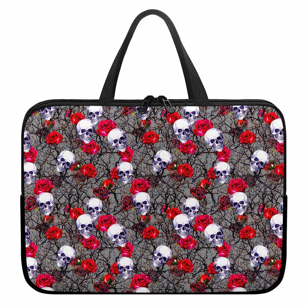 Rose Branch Skull Pattern Print Laptop Sleeve With Handle