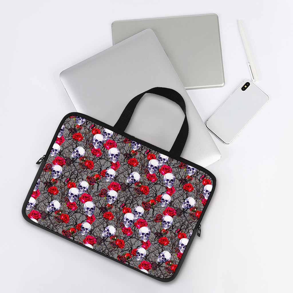 Rose Branch Skull Pattern Print Laptop Sleeve With Handle