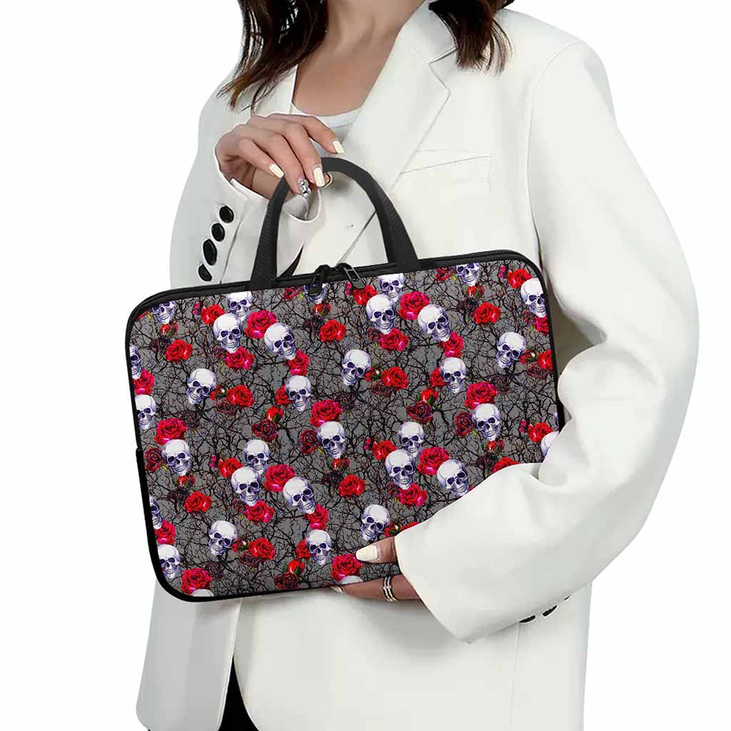 Rose Branch Skull Pattern Print Laptop Sleeve With Handle
