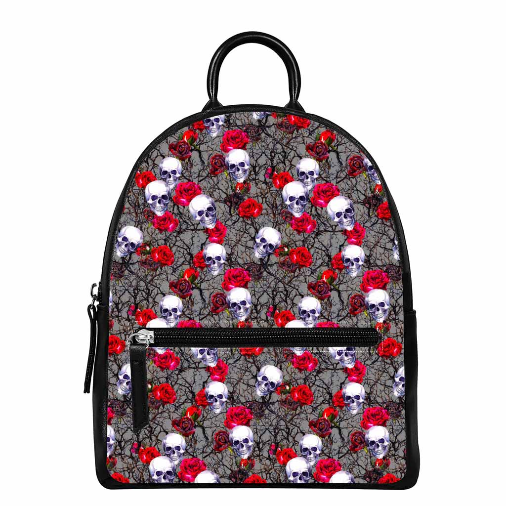 Rose Branch Skull Pattern Print Leather Backpack
