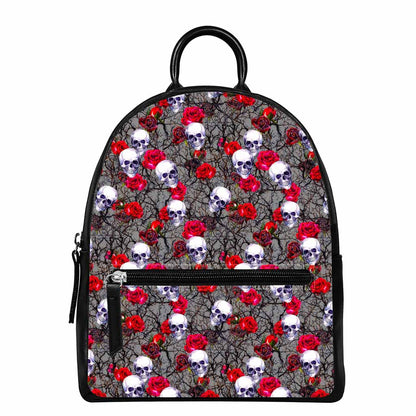 Rose Branch Skull Pattern Print Leather Backpack