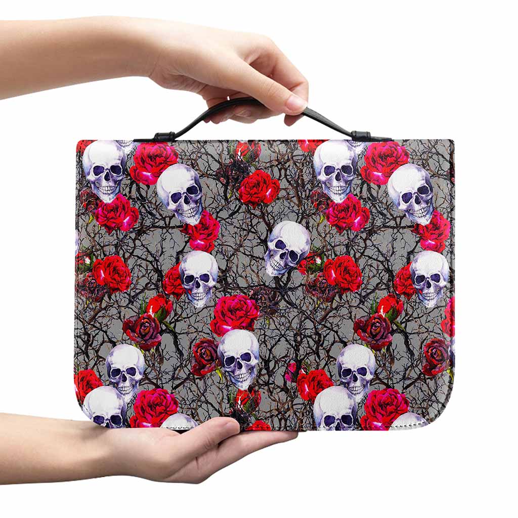Rose Branch Skull Pattern Print Leather Bible Cover